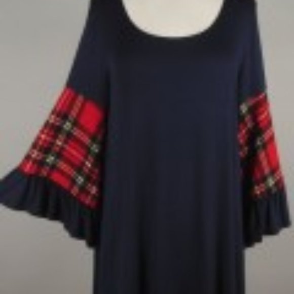 (5/$25‎ SALE ✅) Cherish Navy O'Neck Bell Sleeve Red Plaid Small Top Mixed Media - Picture 1 of 6